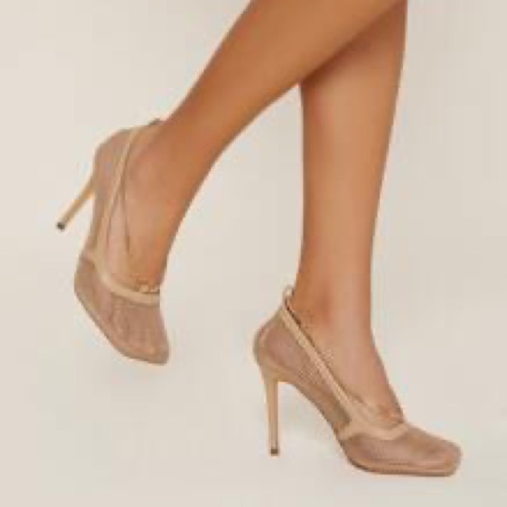 Sheer Bottega Style Mesh Chain Detail Square Toe Stiletto Heels (Size 10)